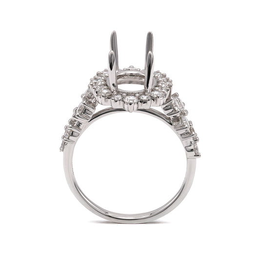 ReMARKable Designs Halo Side Stone Natural Diamond Semi-Mount Engagement Ring in 14 Karat White Gold with 26 Round Diamonds, Clarity: SI1, Color: G/H, totaling 1.09ctw