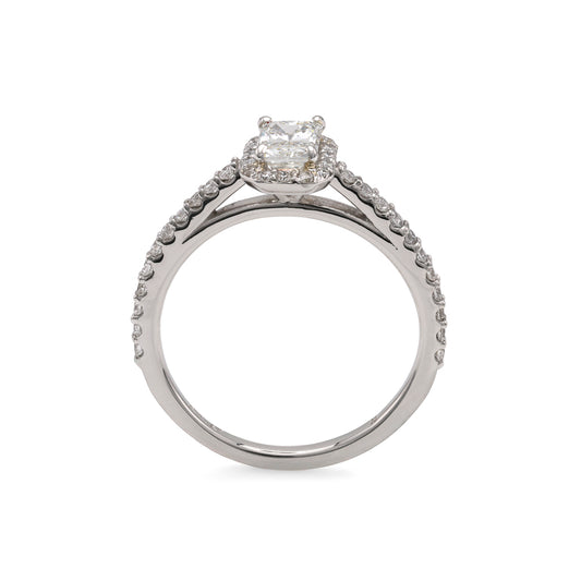 ReMARKable Designs Halo Side Stone Natural Diamond Complete Engagement Ring in Platinum White with 1 Radiant Diamond, Color: J, Clarity: VS2, totaling 0.65ctw