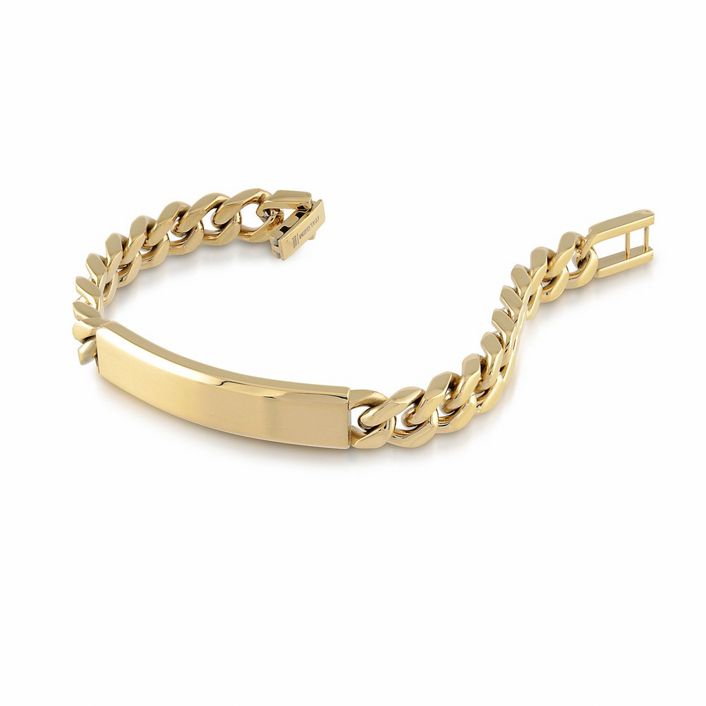 Yellow stainless steel curb link bracelet.