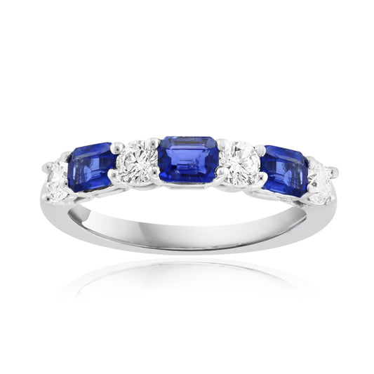 Emerald sapphires and diamonds on white gold band.