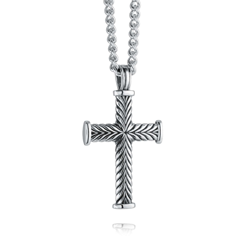 Stainless steel cross with rope texture.