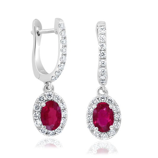 Oval ruby and diamond dangle earrings.