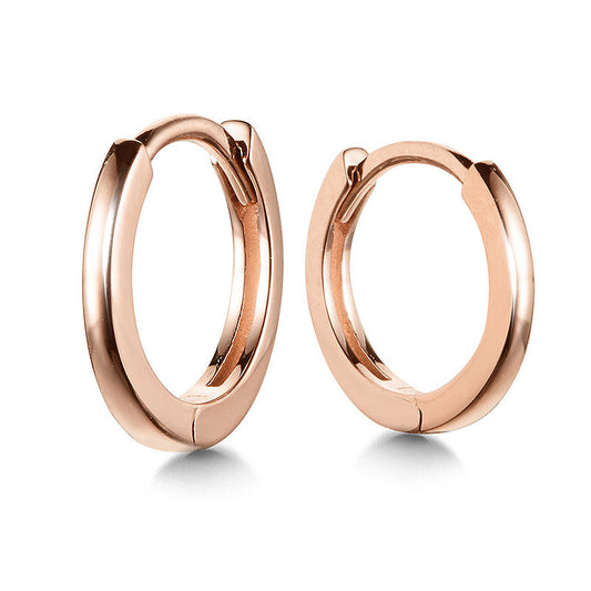 14K rose gold huggie earrings, polished finish.