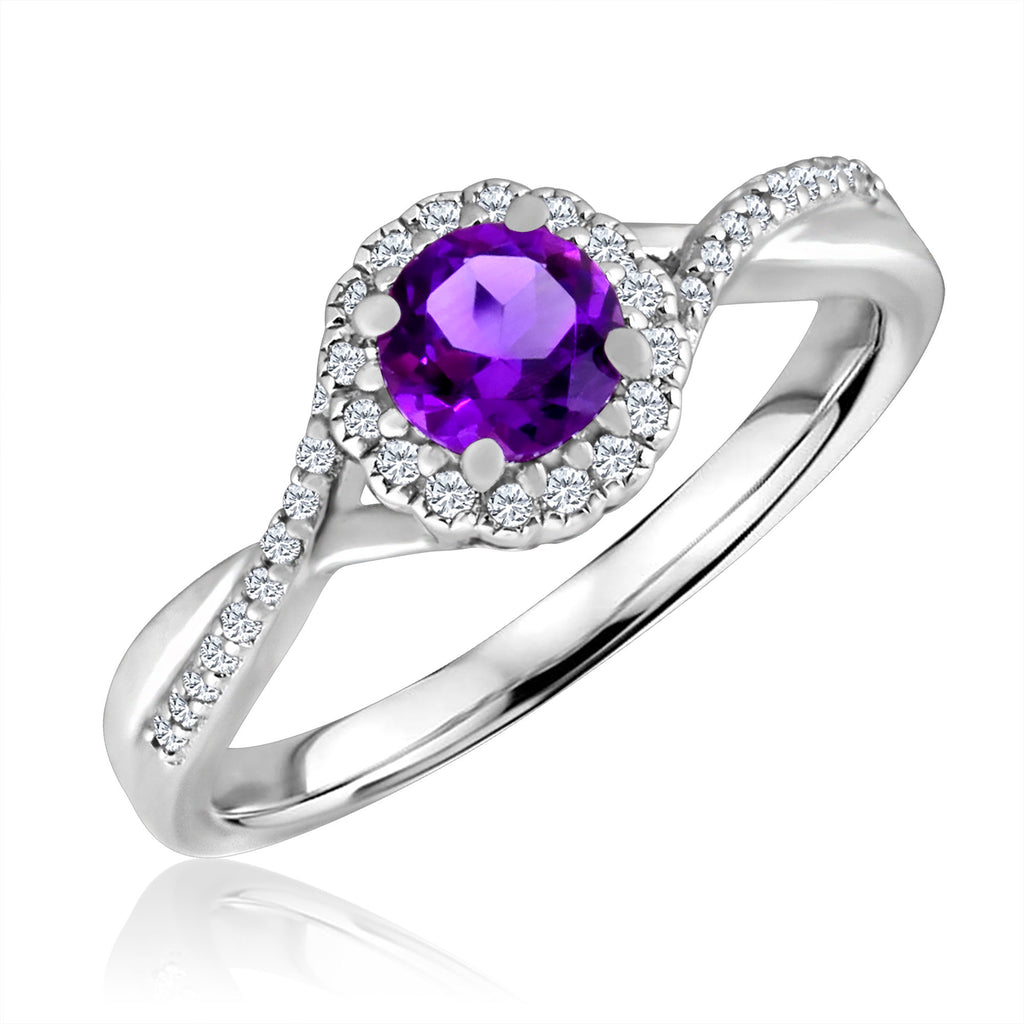 Color Gemstone Ring in Sterling Silver White with 1 Round Amethyst 0.65ctw