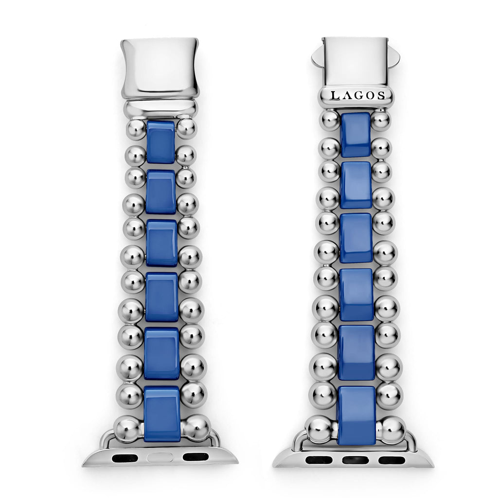 Blue ceramic and stainless steel watch bands.