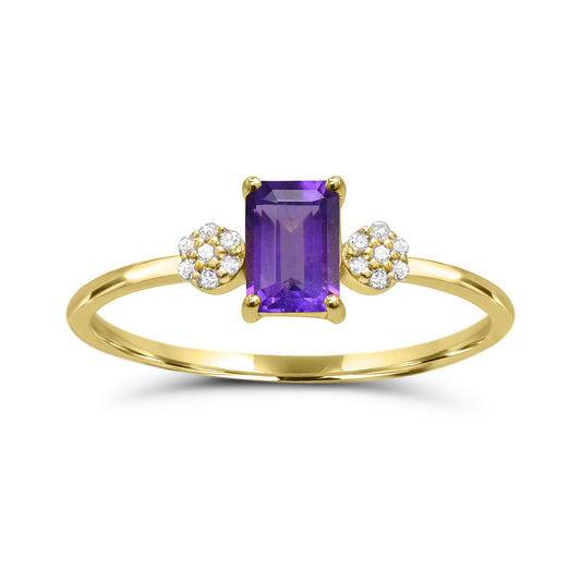 Emerald-cut amethyst ring with diamond accents.