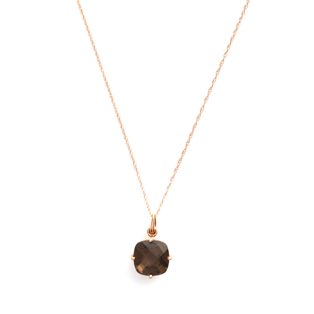 Cushion Smokey Quartz pendant, rose gold chain.