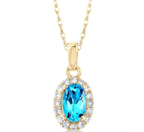 ReMARKable Designs Oval Blue Topaz Color Gemstone Necklace in 10 Karat Yellow Gold with 1 Oval Blue Topaz 5mm