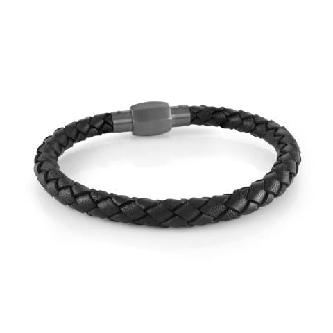 Black braided leather bracelet with barrel clasp.