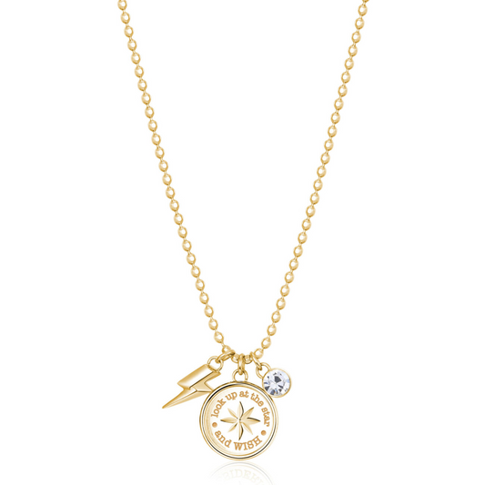 Yellow stainless steel pendant necklace with charms.
