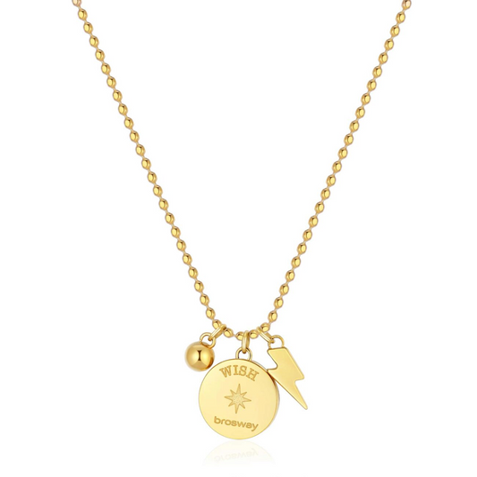 Yellow stainless steel pendant necklace with charms.