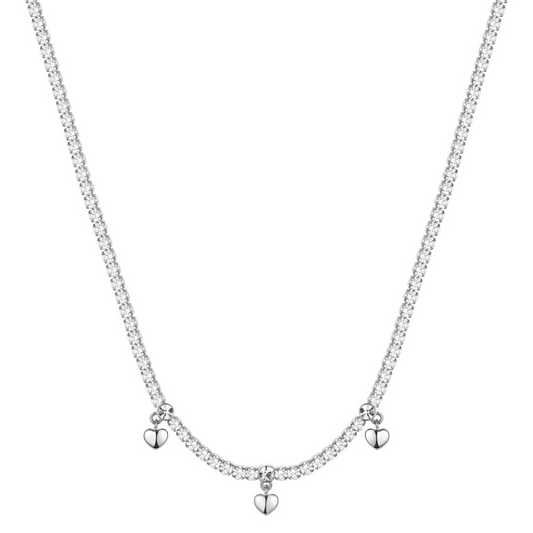 Simulated diamond necklace with heart charms.