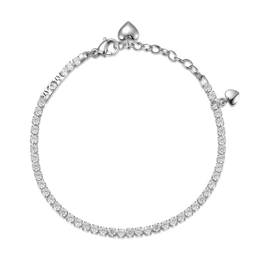 White stainless steel bracelet with simulated diamonds.