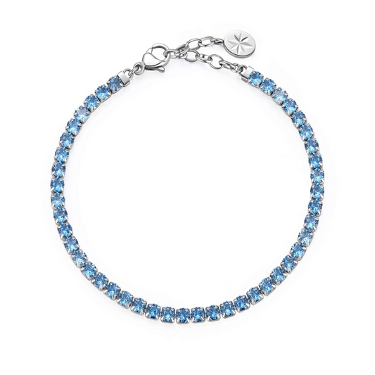 Stainless steel bracelet with blue simulated diamonds.