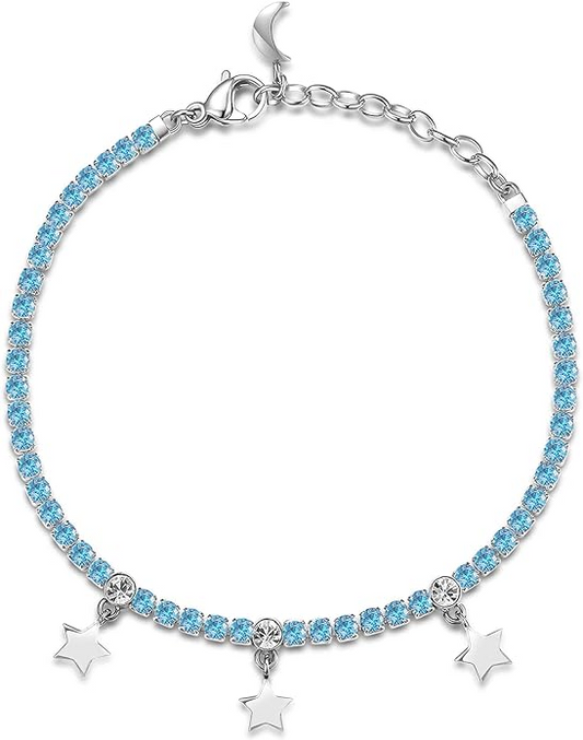 Stainless steel bracelet with blue gemstones.