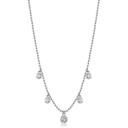 Stainless steel necklace with simulated diamond pendants.