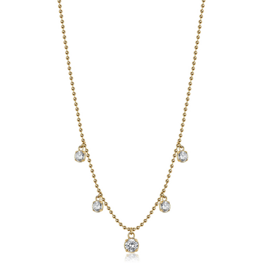 Yellow gold-tone necklace with simulated diamond pendants.