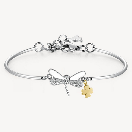 Dragonfly charm bangle with simulated diamonds.