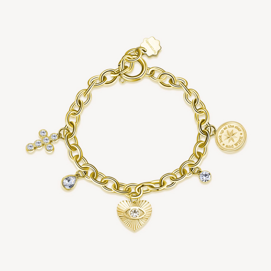 Yellow stainless steel bracelet with charms.