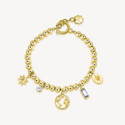 Yellow stainless steel charm bracelet with gemstones.