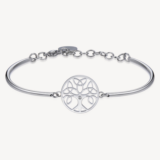 White stainless steel bracelet with tree design.