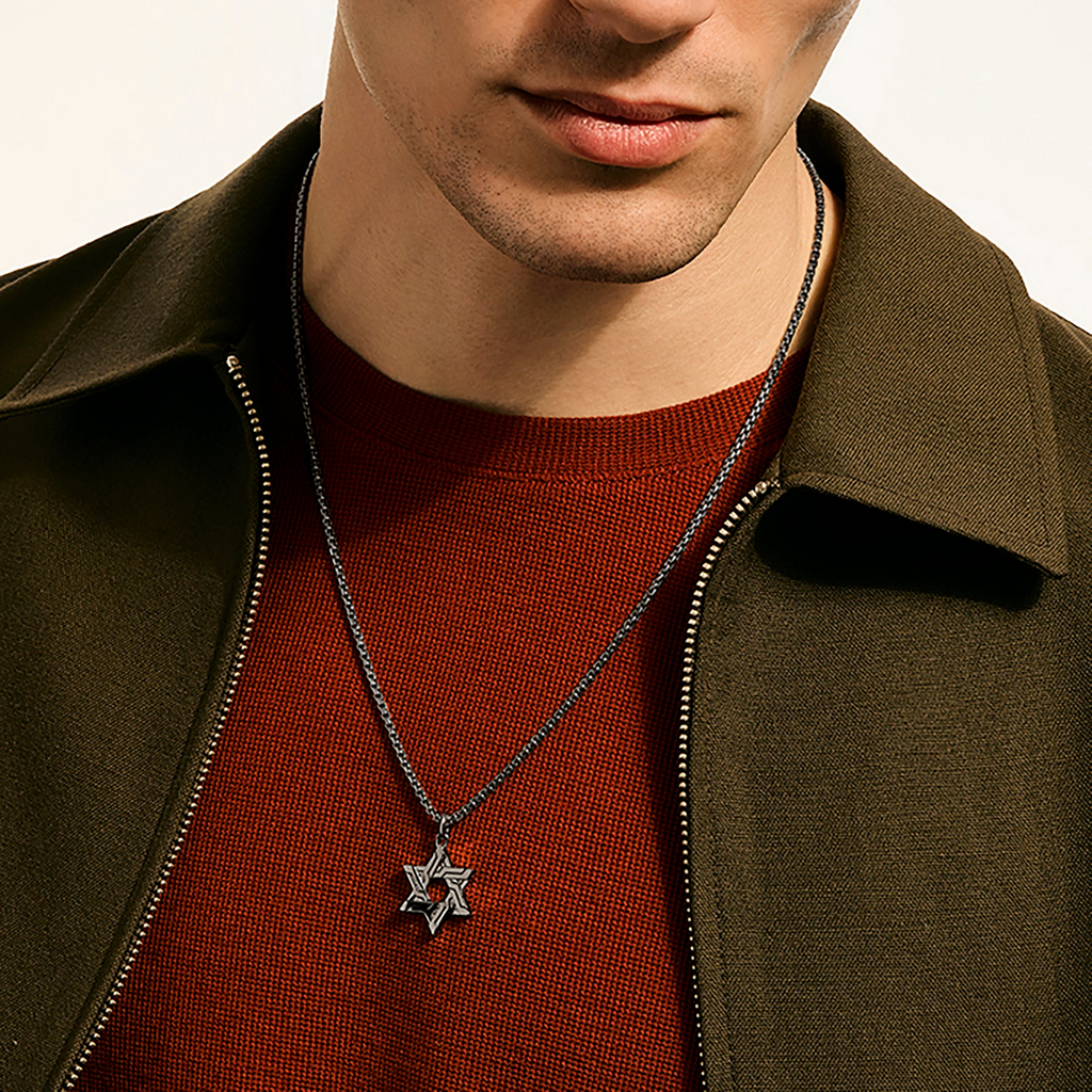 Dark grey Star of David silver necklace.