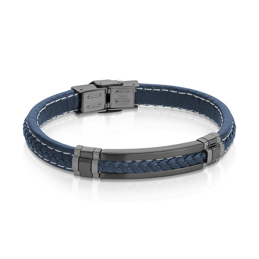 ItalGem Steel Men's Braid Bracelet in Stainless Steel with Dark Blue Leather