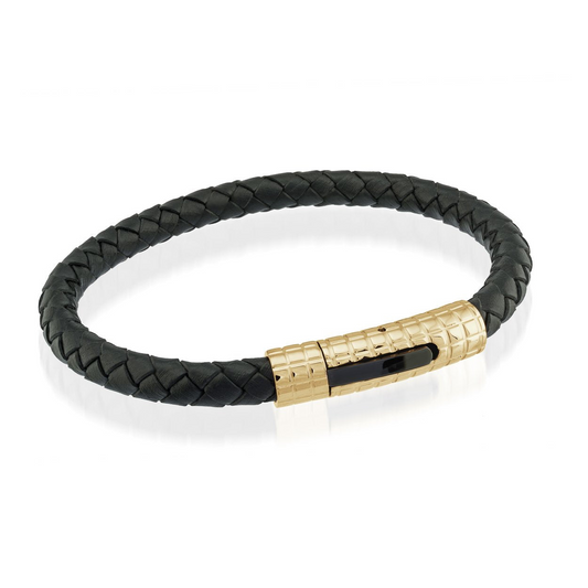 ItalGem Steel Men's Braid Bracelet in Sterling Silver with Black Leather