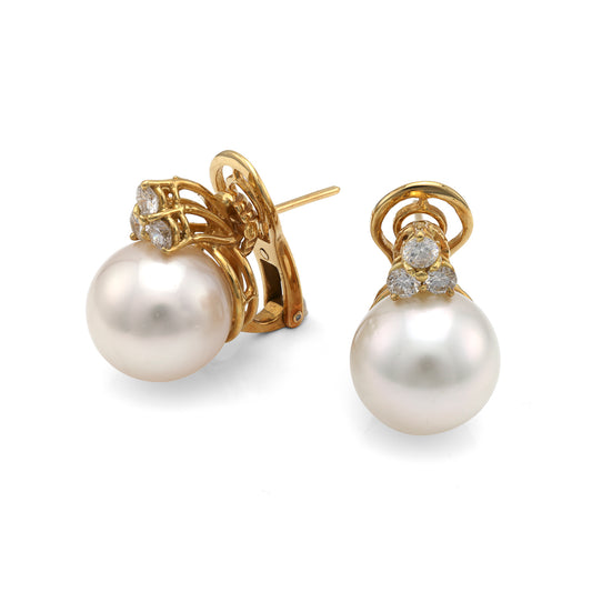 M Estate Collection Stud Color Gemstone Earrings in 18 Karat Yellow with 2 South Sea White Pearls