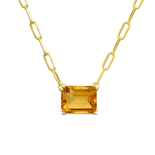 Yellow paperclip chain necklace with emerald-cut citrine.
