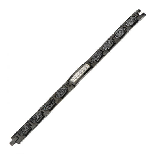 Black and grey stainless steel link bracelet.