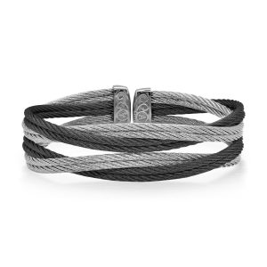 Bangle Bracelet (No Stones) in Stainless Steel Cable Black - Grey
