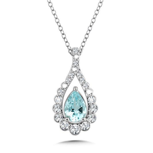ReMARKable Designs Pear Aquamarine Color Gemstone Necklace in 14 Karat White Gold with 1 Pear Aquamarine 0.60ctw