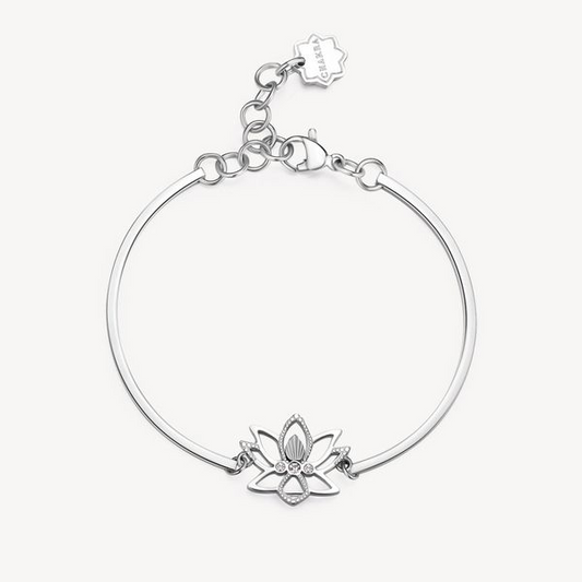 White stainless steel bracelet with floral charm.