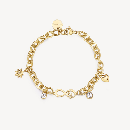 Yellow bracelet with charms and simulated diamonds.