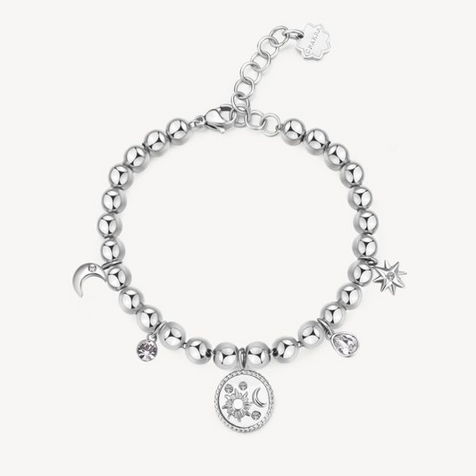 White stainless steel bracelet with celestial charms.