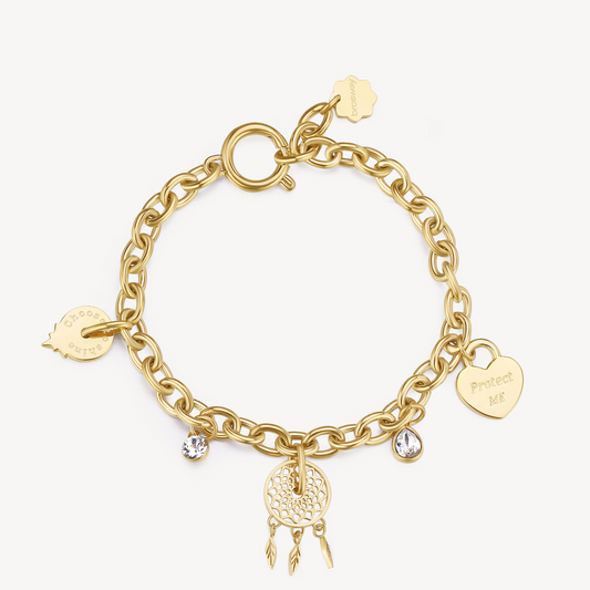 Yellow bracelet with charms and simulated diamonds.