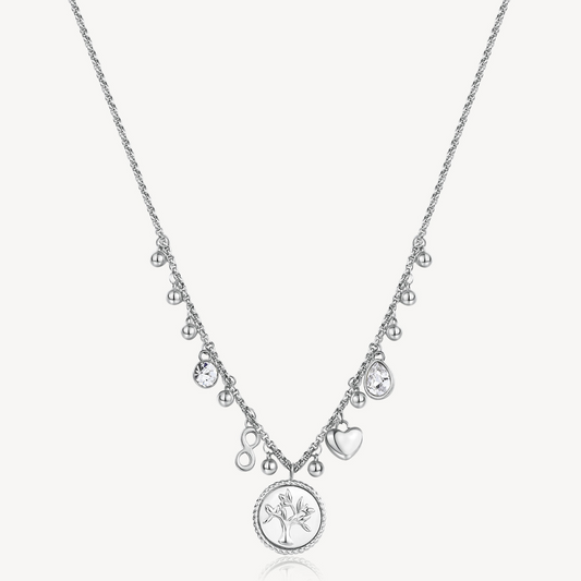 Simulated diamond necklace with charms and chain.