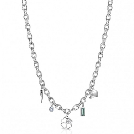Brosway Italia Clover Green Simulated Diamond Necklace in White Stainless Steel with Cable Link Chain and Lobster Claw Clasp