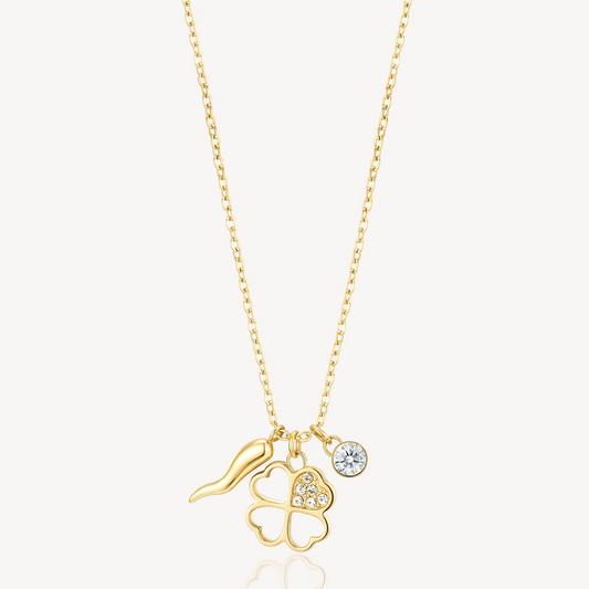 Brosway Italia Clover Simulated Diamond Necklace in Yellow Stainless Steel with Cable Link Chain and Lobster Claw Clasp