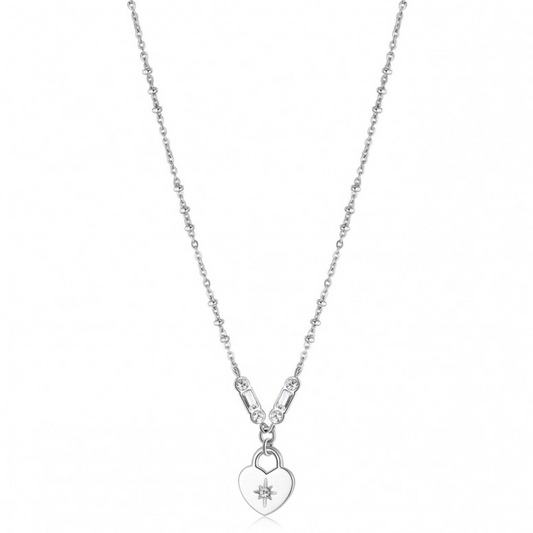 Brosway Italia Heart Simulated Diamond Necklace in White Stainless Steel with Fancy Link Chain and Lobster Claw Clasp