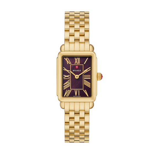 Michele Deco Madison Ladies Fashion Timepiece with Burgundy Dial, 29mm Case, Quartz Movement, Sapphire Crystal, 5 ATM Water Resistance