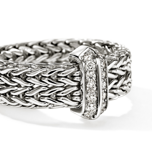 John Hardy ICON Collection Natural Diamond Fashion Ring in Sterling Silver White with 0.16ctw G/H SI1 Round Diamonds, Size 7