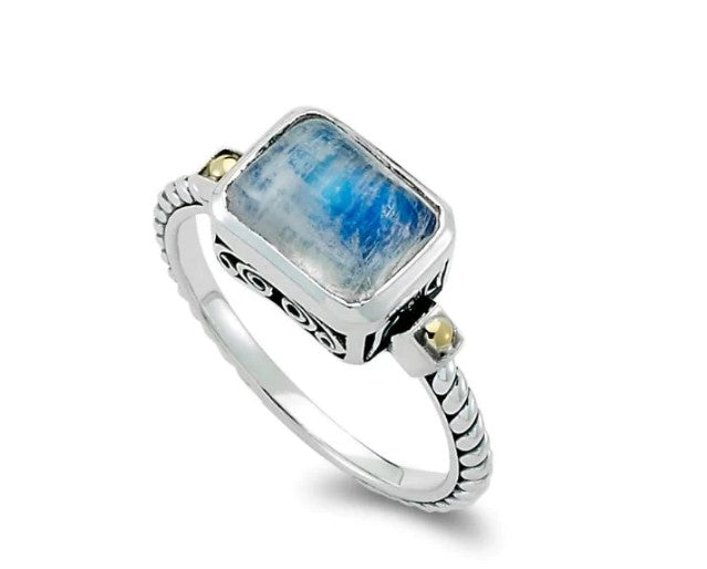 Color Gemstone Ring in Sterling Silver - 18 Karat White - Yellow Emerald Moonstone