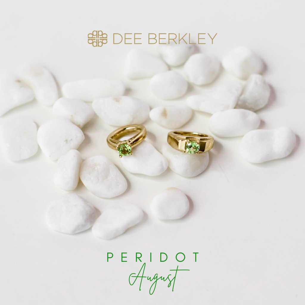 Gold rings with green peridot stones.
