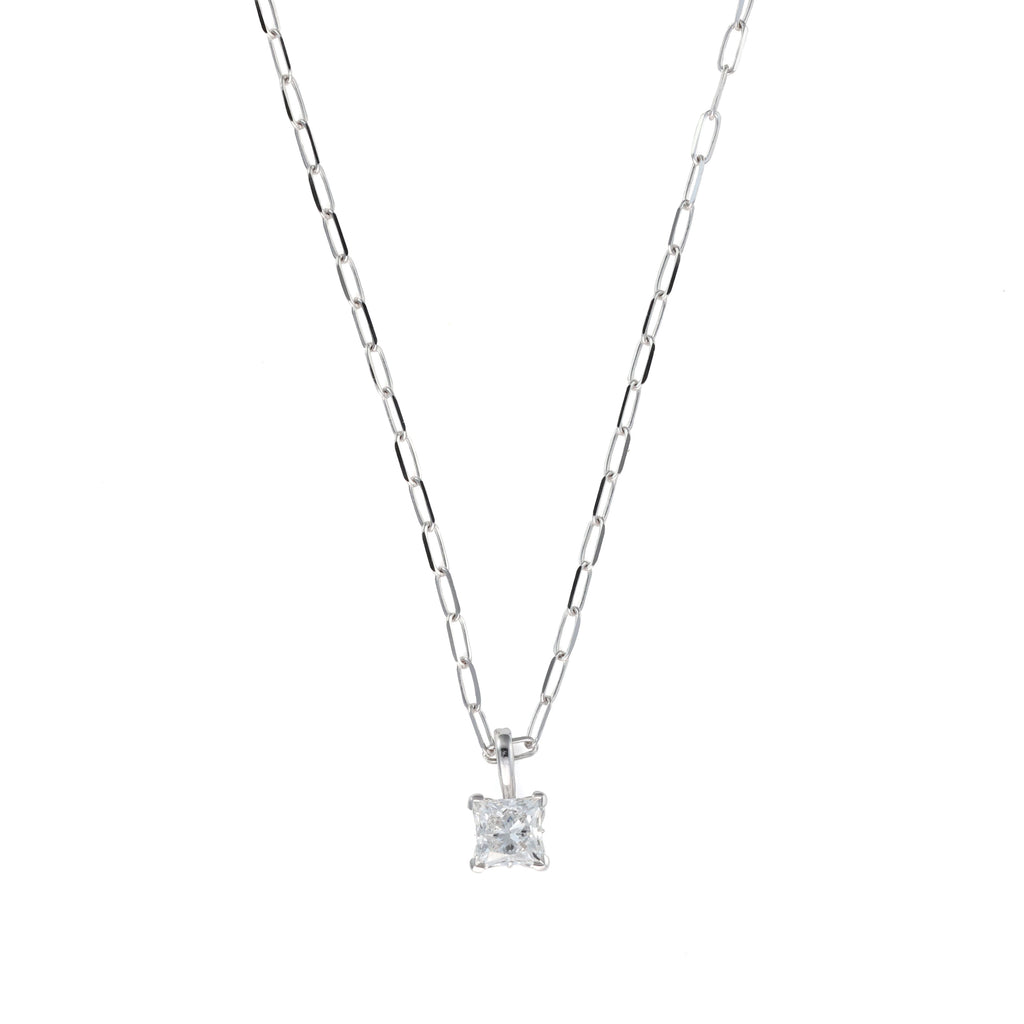 Princess diamond pendant on paperclip chain.