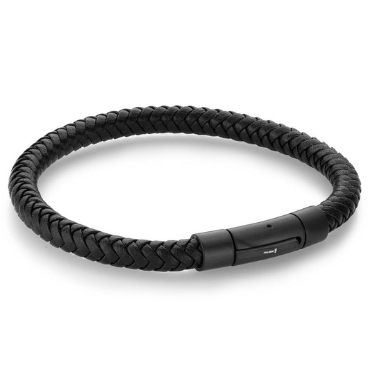 Braid Bracelet (No Stones) in Stainless Steel - Leather Black