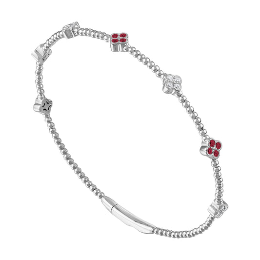 ReMARKable Designs Flexible Bangle Ruby Bracelet in 14 Karat White Gold with 16 Round I/J SI1-SI2 Diamonds 0.70ctw, Hidden Plunger Clasp