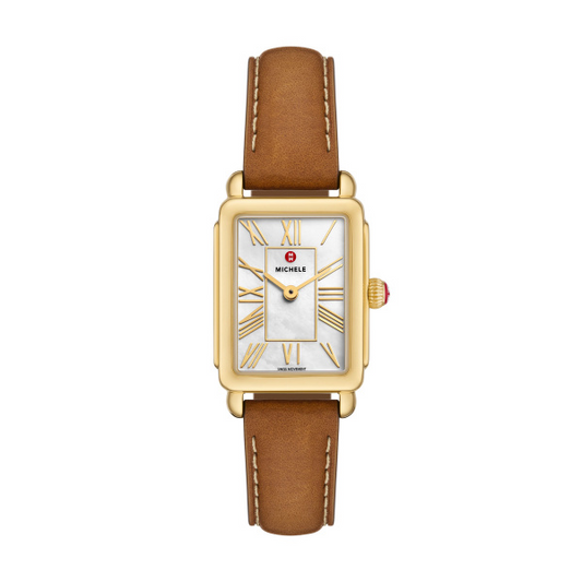 Michele Ladies Quartz Timepiece with 29mm Case, White Mother Of Pearl Dial, Sapphire Crystal, and 5atm Water Resistance