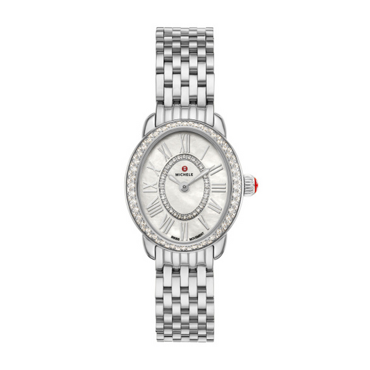 Michele Ladies Diamond Timepiece with Quartz Movement, 27mm Case, White Mother Of Pearl Dial, Sapphire Crystal, 0.38ctw Round Diamonds, Water Resistance 5ATM